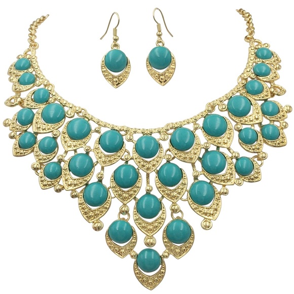 Aqua Blue Chunky Dot Bib Statement Necklace Earrings Set - Picture 1 of 3